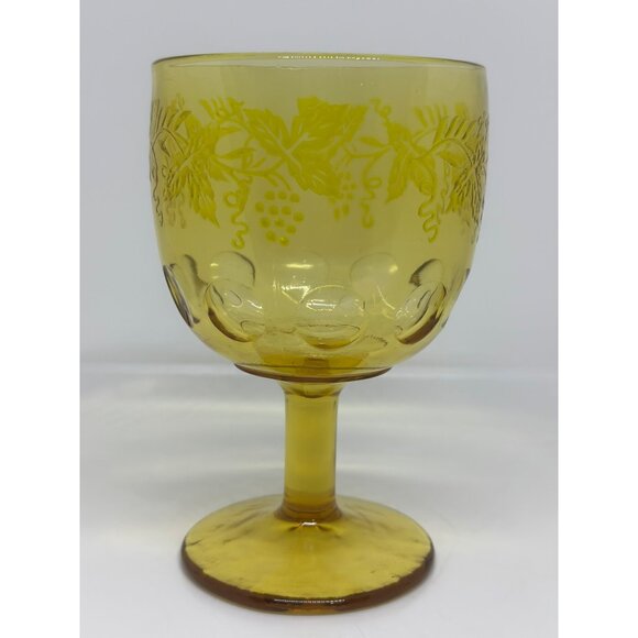 VTG Bartlett Collins Goblet Amber Thumbprint Grapes Etched Single Glass Yellow - Picture 3 of 8
